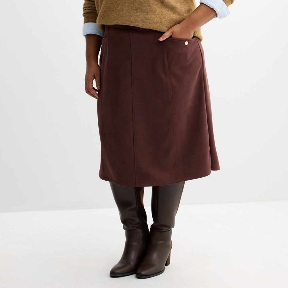 Plus Size Croft & Barrow Chocolate Brown Faux Suede Midi Skirt Sz 1X - Picture 2 of 7